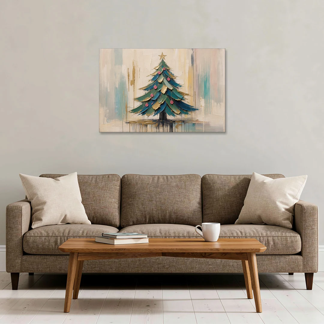 Abstract Christmas Tree Painting in Teal and Gold - Canvas Wall Art - Sofa - 36x24