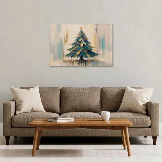 Abstract Christmas Tree Painting in Teal and Gold - Canvas Wall Art - Sofa - 36x24