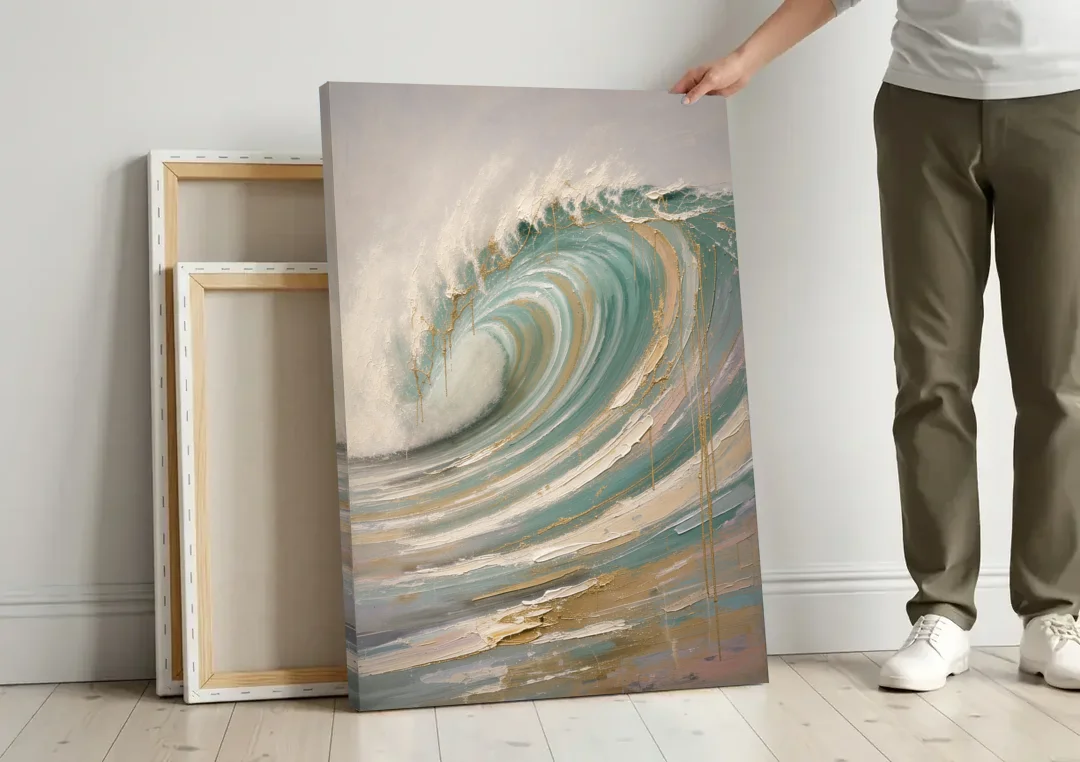 Abstract Coastal Wall Art of a Gilded Curling Wave canvas wall art leaning against a wall next to blank canvases
