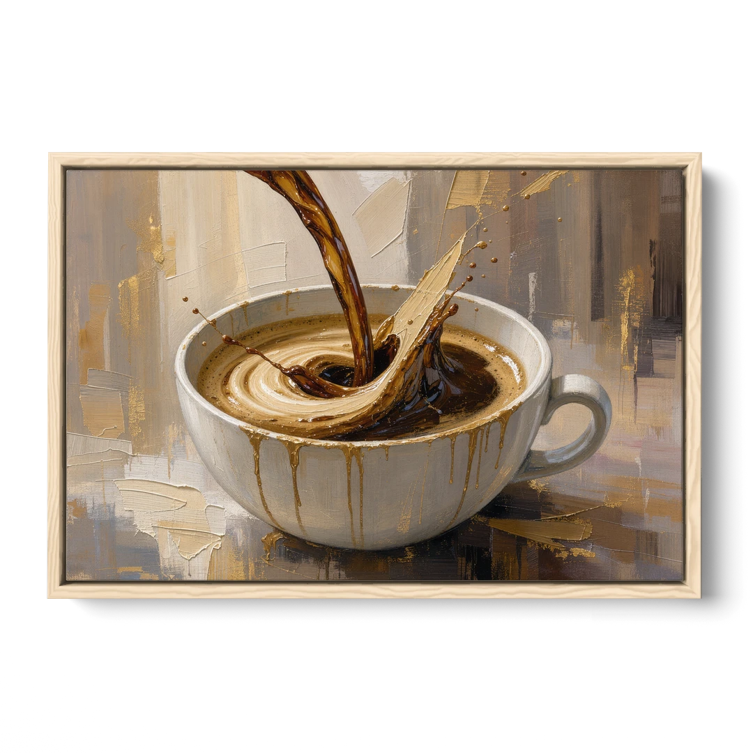 Abstract Coffee Art Pour and Swirl for the Kitchen - Oak Framed Canvas Wall Art - Front
