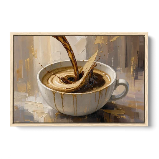 Abstract Coffee Art Pour and Swirl for the Kitchen - Oak Framed Canvas Wall Art - Front