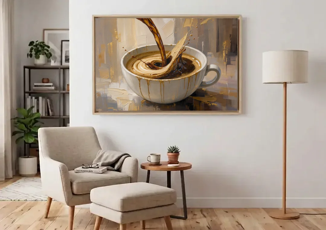 Abstract Coffee Art Pour and Swirl for the Kitchen canvas wall art above an armchair in a bright living room