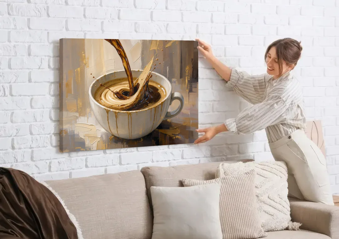 Abstract Coffee Art Pour and Swirl for the Kitchen canvas wall art being hung on a white brick wall above a sofa