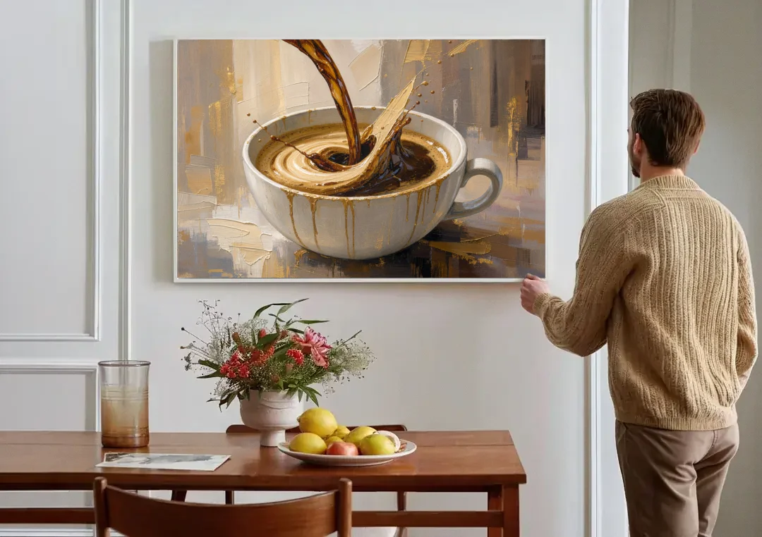 Abstract Coffee Art Pour and Swirl for the Kitchen canvas wall art above a dining table