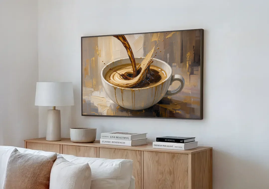 Abstract Coffee Art Pour and Swirl for the Kitchen canvas wall art above a wooden sideboard next to a sofa