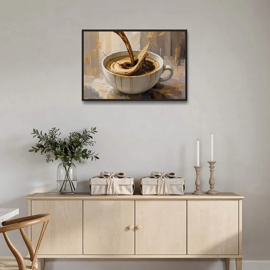 Abstract Coffee Art Pour and Swirl for the Kitchen - Black Framed Canvas Wall Art - Coffee Table - 36x24