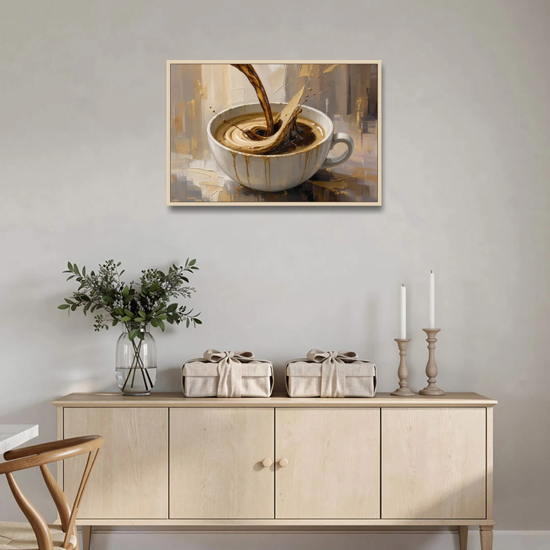 Abstract Coffee Art Pour and Swirl for the Kitchen - Oak Framed Canvas Wall Art - Coffee Table - 36x24