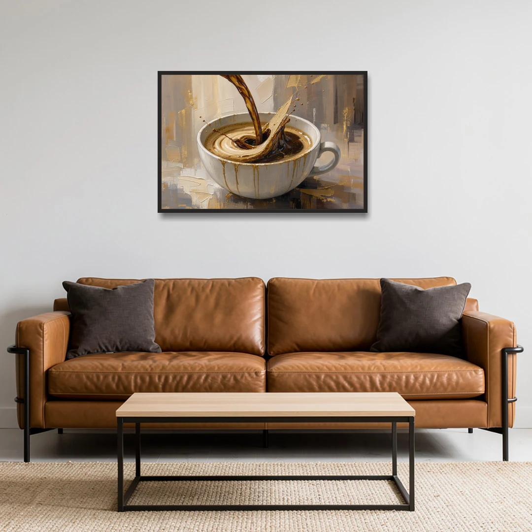 Abstract Coffee Art Pour and Swirl for the Kitchen - Black Framed Canvas Wall Art - Sofa - 36x24