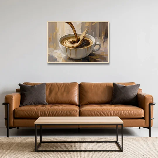 Abstract Coffee Art Pour and Swirl for the Kitchen - Oak Framed Canvas Wall Art - Sofa - 36x24
