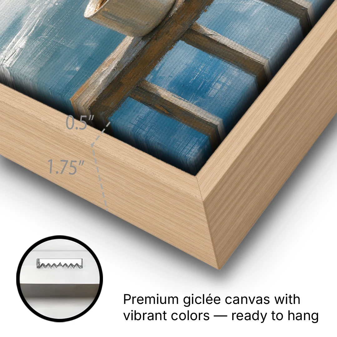 Abstract Coffee Painting on a Misty Balcony - Oak Framed Canvas Wall Art - Gallery Wrap Corner