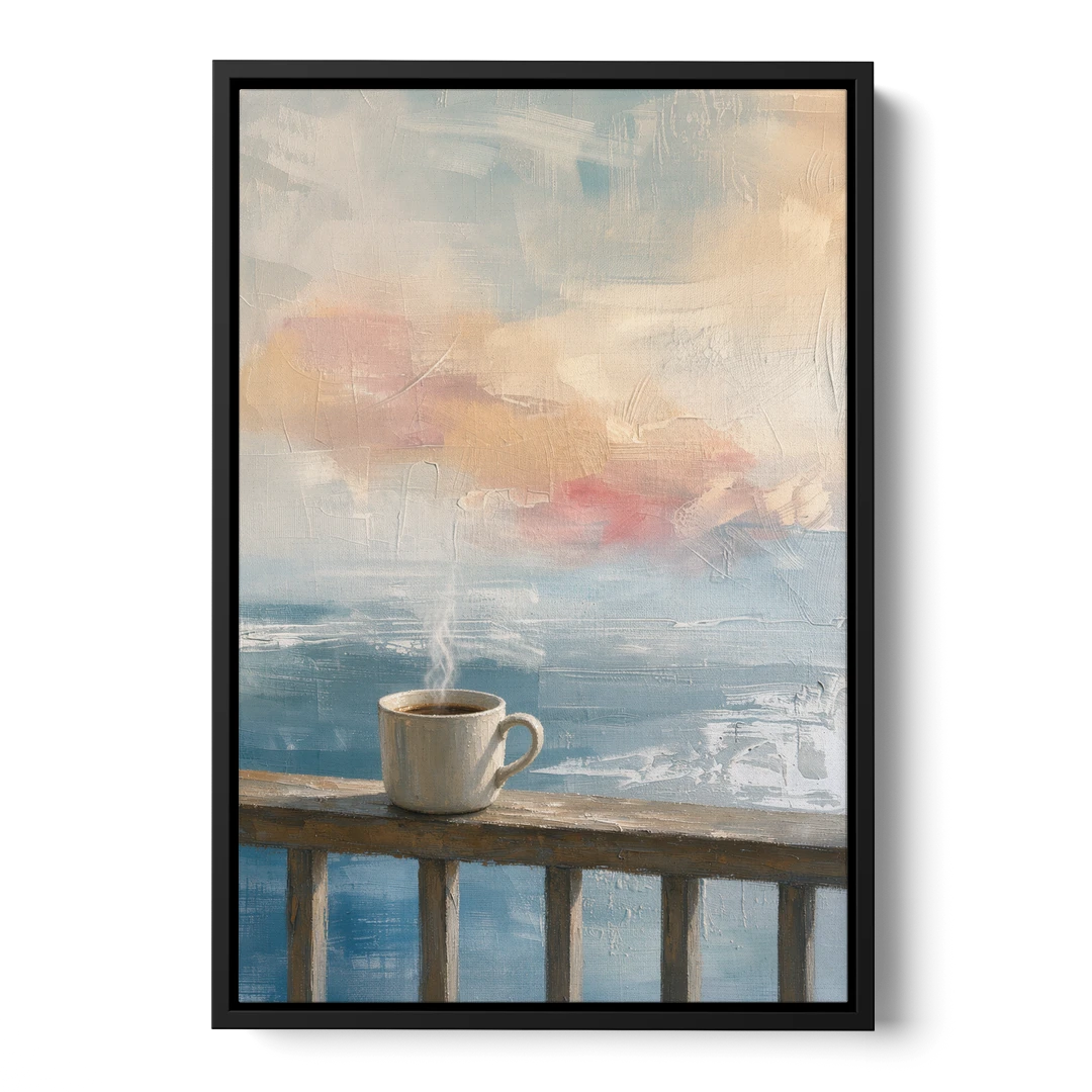 Abstract Coffee Painting on a Misty Balcony - Black Framed Canvas Wall Art - Front