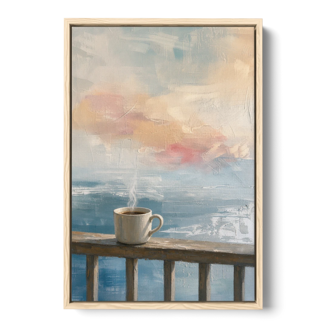 Abstract Coffee Painting on a Misty Balcony - Oak Framed Canvas Wall Art - Front