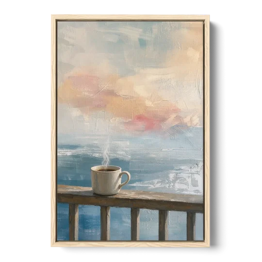 Abstract Coffee Painting on a Misty Balcony - Oak Framed Canvas Wall Art - Front