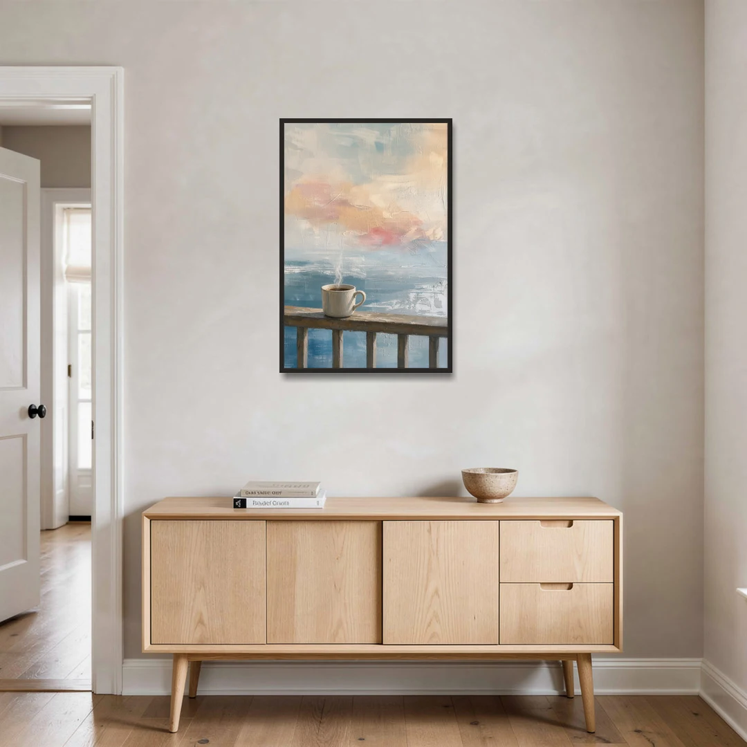 Abstract Coffee Painting on a Misty Balcony - Black Framed Canvas Wall Art - Coffee Table - 24x36