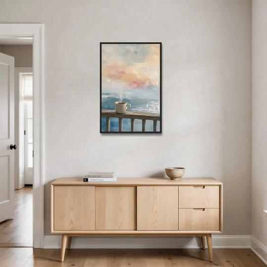 Abstract Coffee Painting on a Misty Balcony - Black Framed Canvas Wall Art - Coffee Table - 24x36