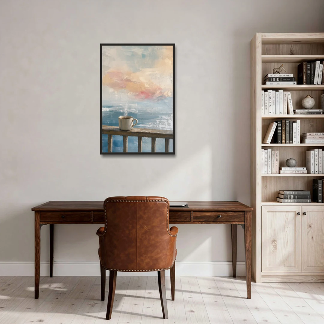 Abstract Coffee Painting on a Misty Balcony - Black Framed Canvas Wall Art - Office - 24x36