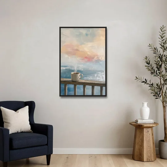 Abstract Coffee Painting on a Misty Balcony - Black Framed Canvas Wall Art - Sofa - 24x36
