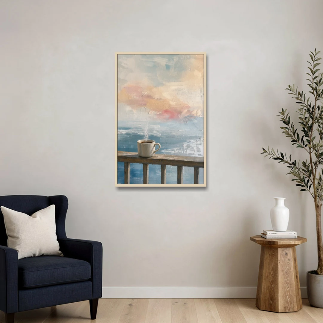 Abstract Coffee Painting on a Misty Balcony - Oak Framed Canvas Wall Art - Sofa - 24x36