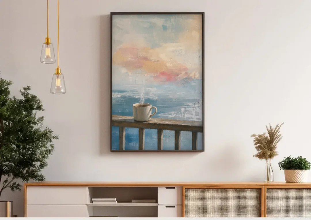Abstract Coffee Painting on a Misty Balcony canvas wall art above a wooden sideboard under pendant lights