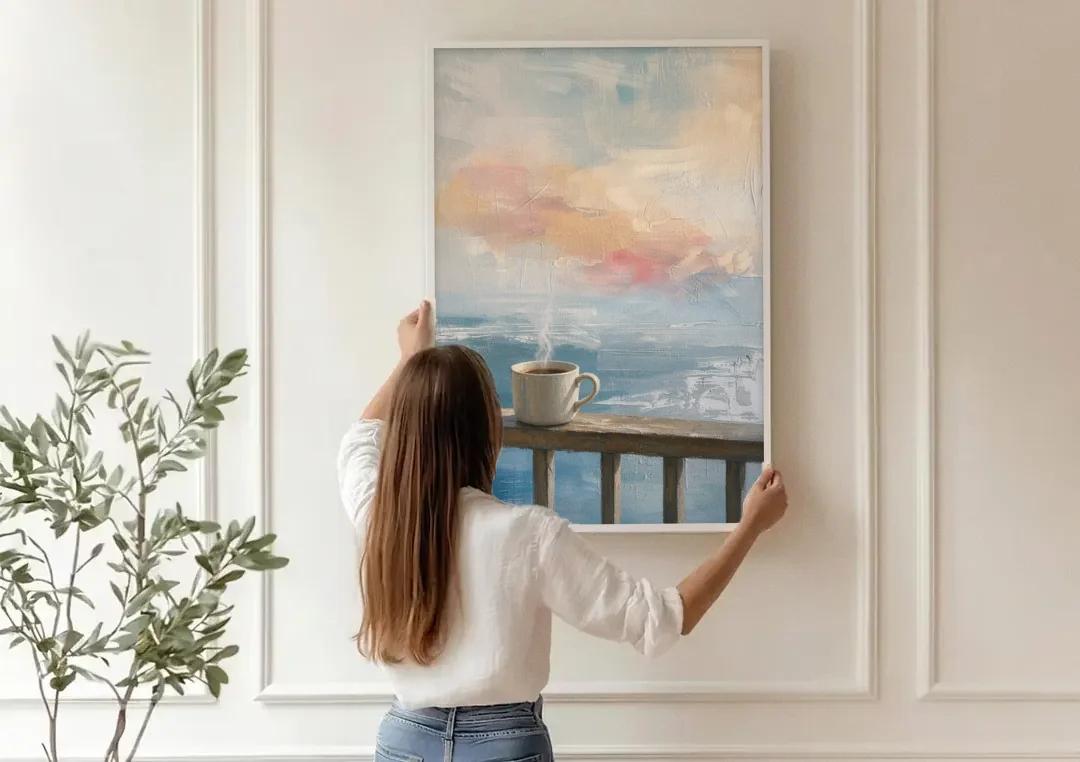 Abstract Coffee Painting on a Misty Balcony canvas wall art being hung on a paneled wall
