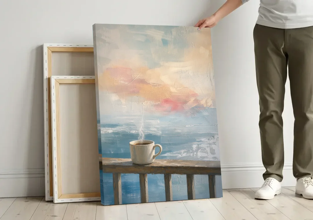 Abstract Coffee Painting on a Misty Balcony canvas wall art leaning against a wall next to blank canvases