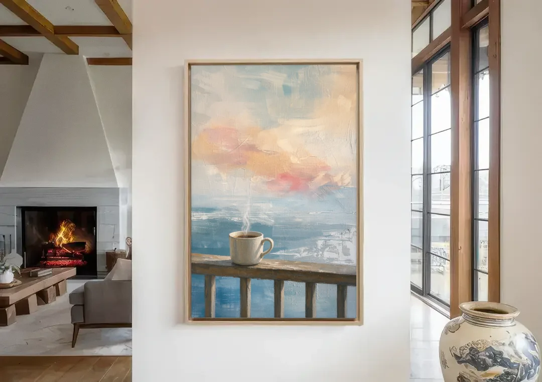 Abstract Coffee Painting on a Misty Balcony canvas wall art in a living room with a fireplace