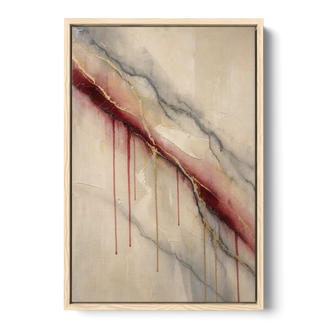 Abstract Crimson Vein in Cream Marble - Oak Framed Canvas Wall Art - Front