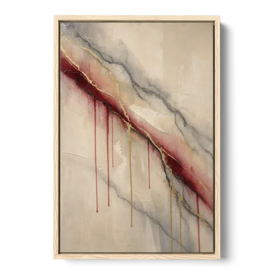 Abstract Crimson Vein in Cream Marble - Oak Framed Canvas Wall Art - Front