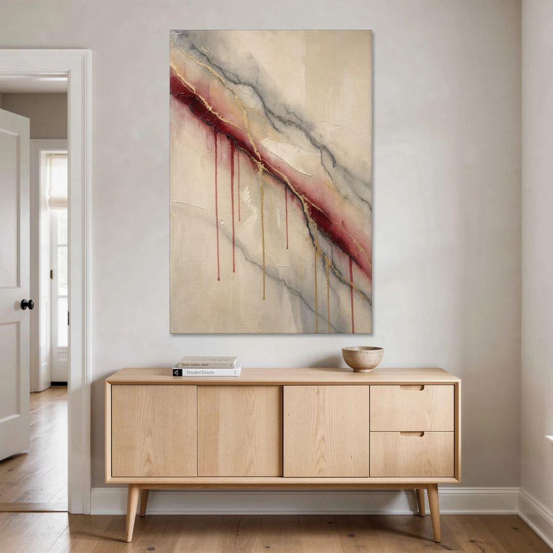Abstract Crimson Vein in Cream Marble - Canvas Wall Art - Coffee Table - 40x60