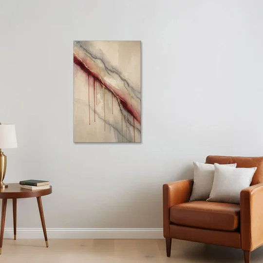 Abstract Crimson Vein in Cream Marble - Canvas Wall Art - Sofa - 24x36