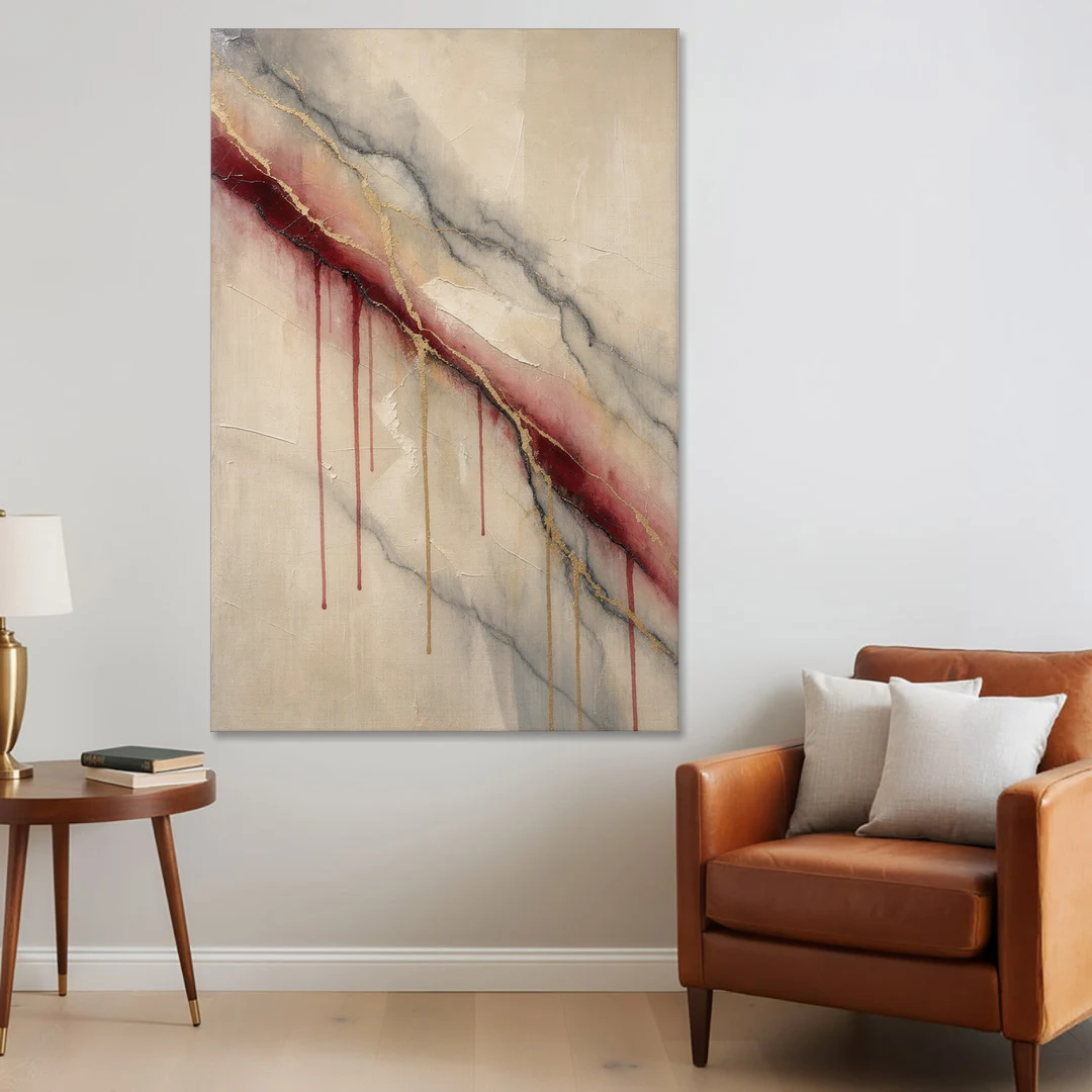 Abstract Crimson Vein in Cream Marble - Canvas Wall Art - Sofa - 40x60