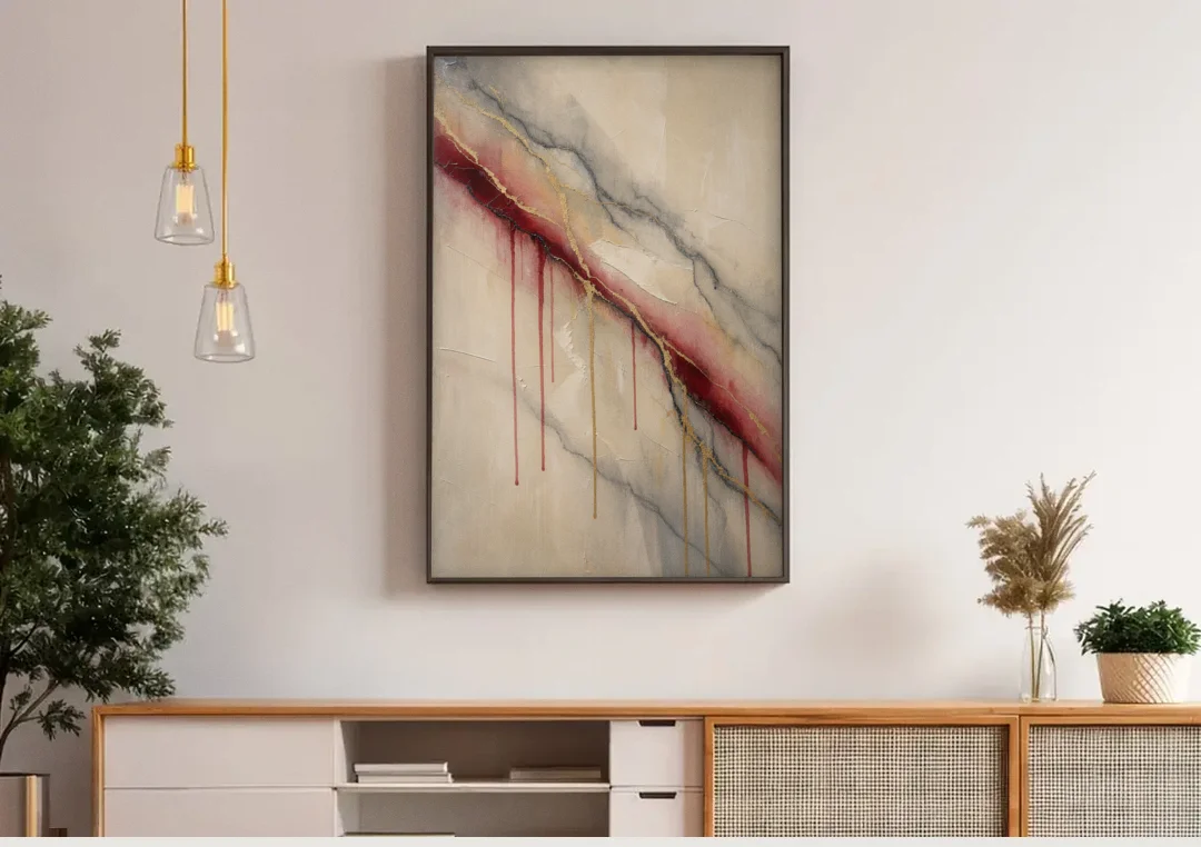 Abstract Crimson Vein in Cream Marble canvas wall art above a wooden sideboard under pendant lights