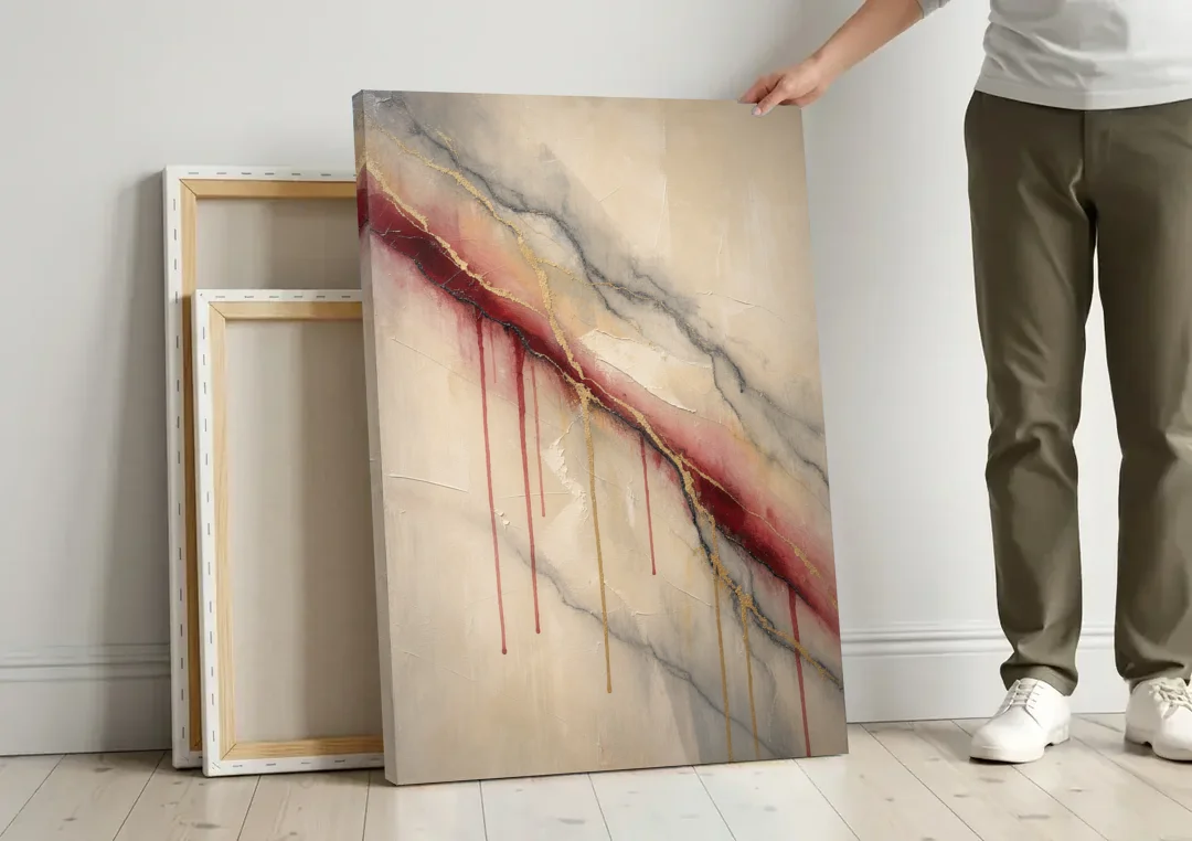 Abstract Crimson Vein in Cream Marble canvas wall art leaning against a wall next to blank canvases