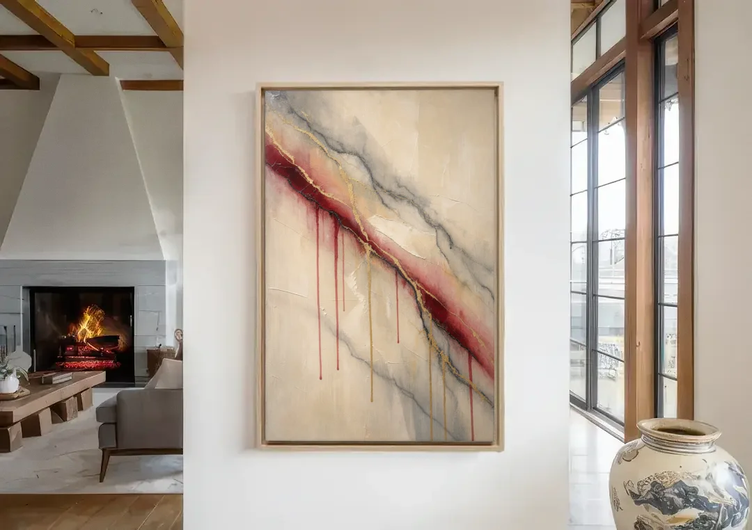 Abstract Crimson Vein in Cream Marble canvas wall art in a living room with a fireplace