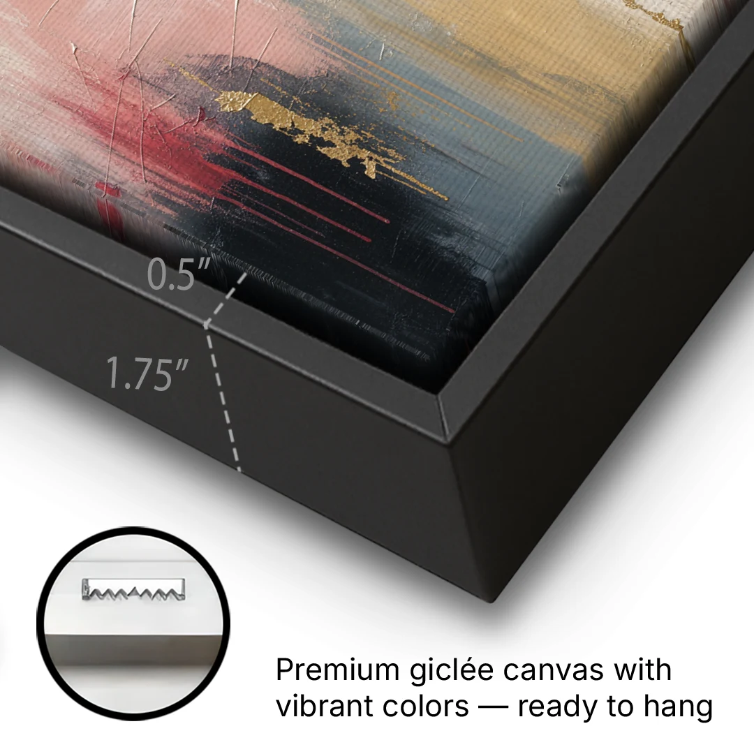 Abstract Cross Painting in Crimson and Gold Leaf - Black Framed Canvas Wall Art - Gallery Wrap Corner