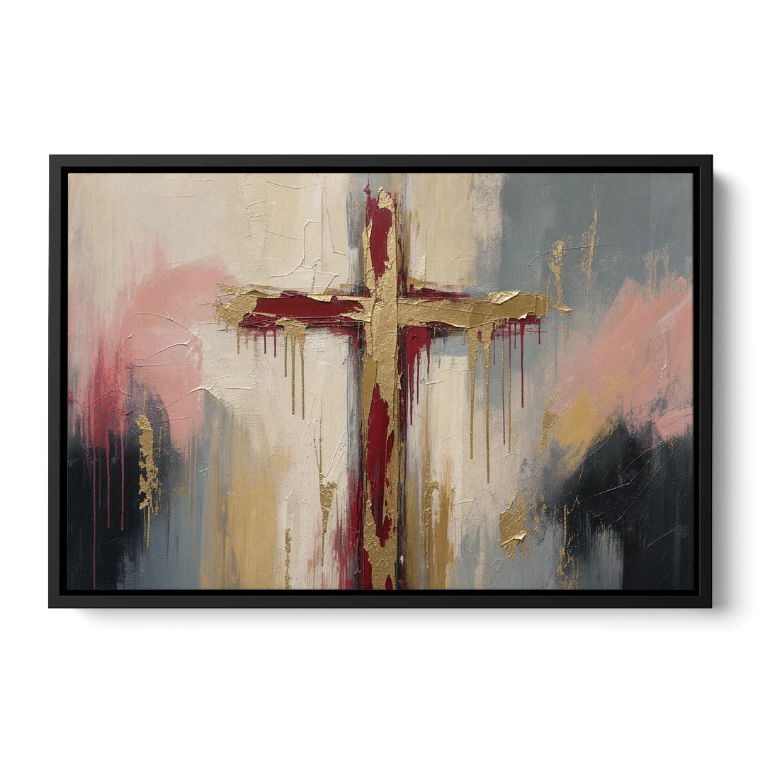 Abstract Cross Painting in Crimson and Gold Leaf - Black Framed Canvas Wall Art - Front