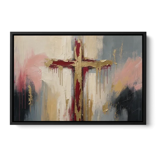 Abstract Cross Painting in Crimson and Gold Leaf - Black Framed Canvas Wall Art - Front