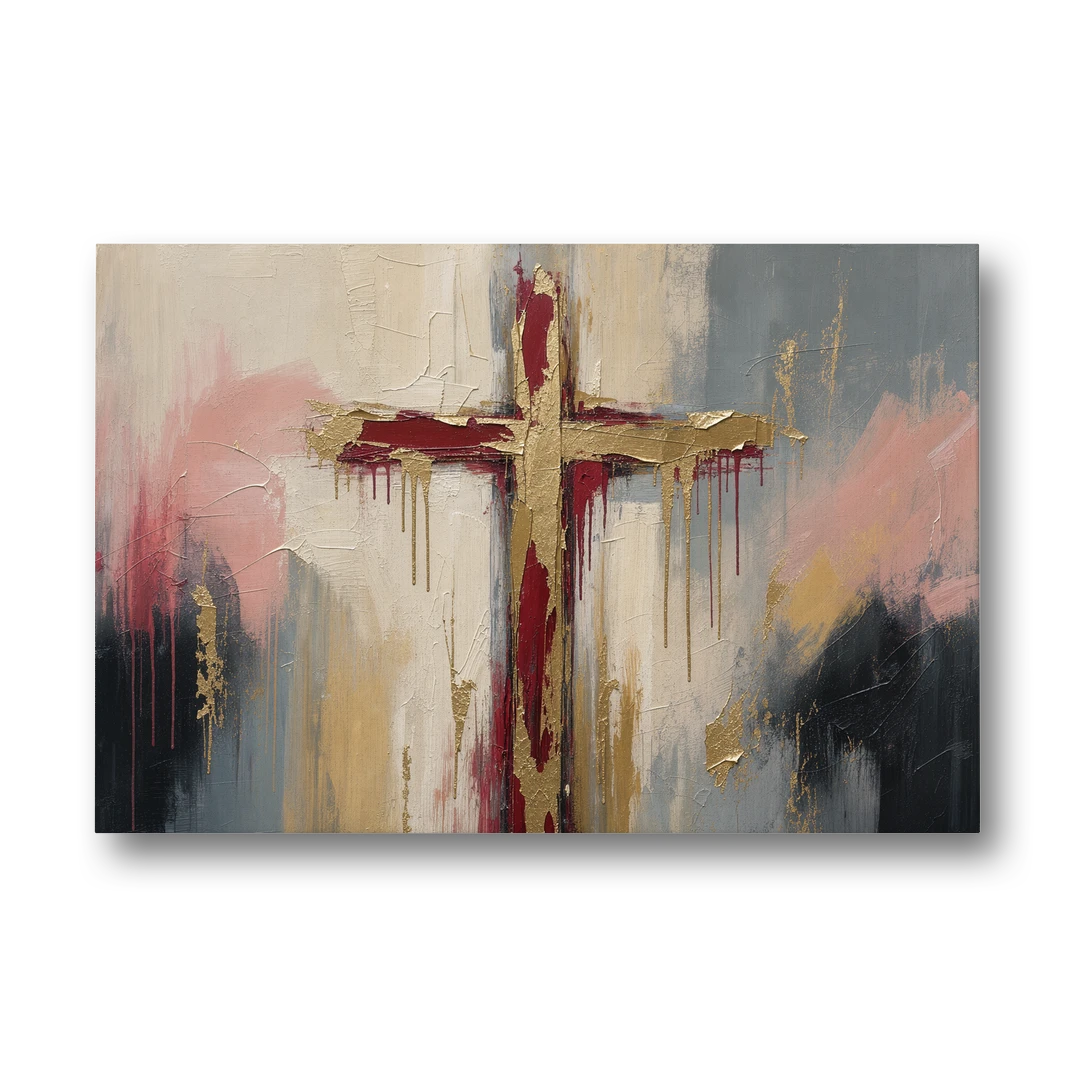 Abstract Cross Painting in Crimson and Gold Leaf - Canvas Wall Art - Front