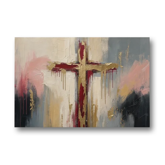 Abstract Cross Painting in Crimson and Gold Leaf - Canvas Wall Art - Front