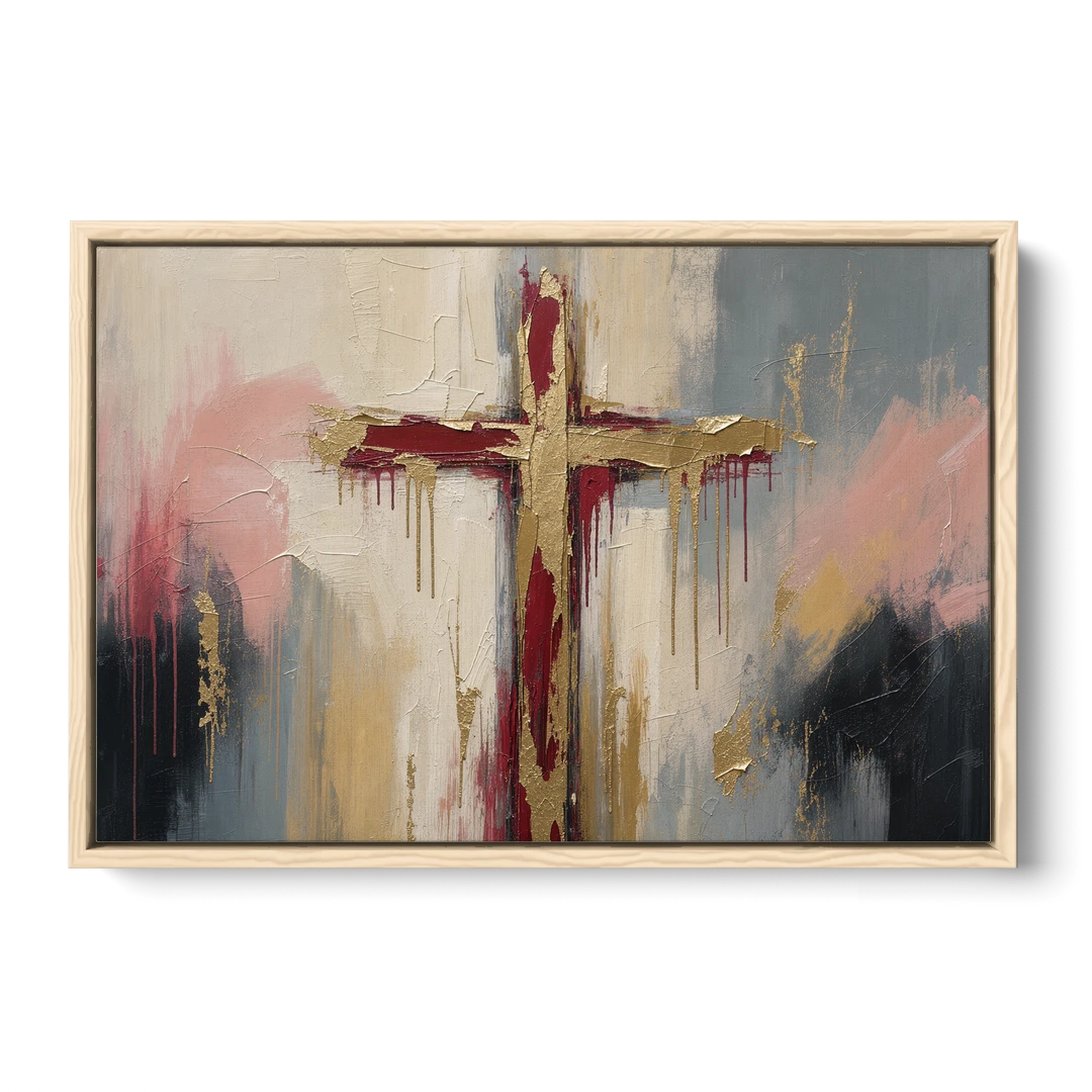 Abstract Cross Painting in Crimson and Gold Leaf - Oak Framed Canvas Wall Art - Front