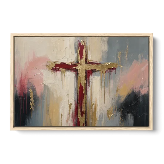 Abstract Cross Painting in Crimson and Gold Leaf - Oak Framed Canvas Wall Art - Front