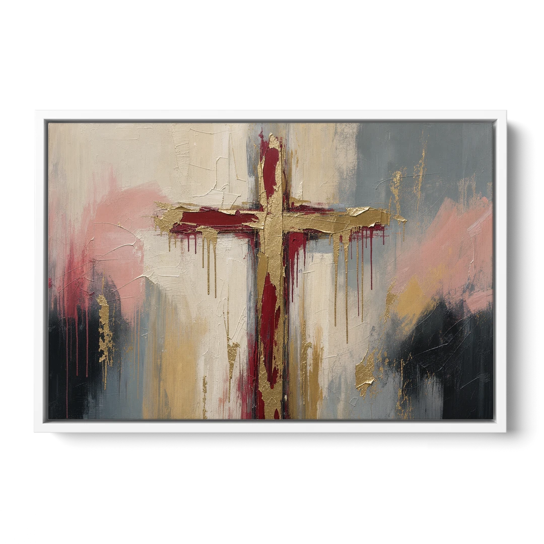 Abstract Cross Painting in Crimson and Gold Leaf - White Framed Canvas Wall Art - Front