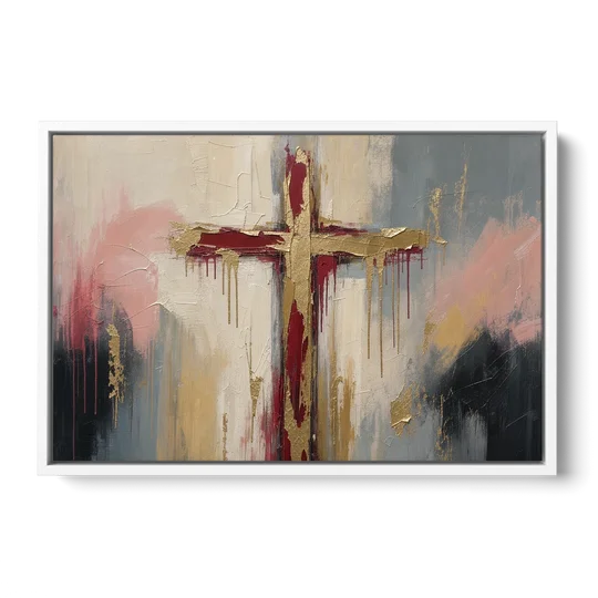 Abstract Cross Painting in Crimson and Gold Leaf - White Framed Canvas Wall Art - Front