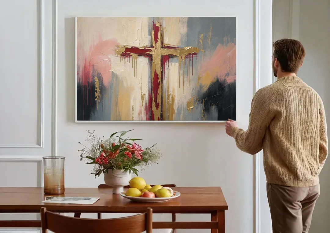 Abstract Cross Painting in Crimson and Gold Leaf canvas wall art above a dining table