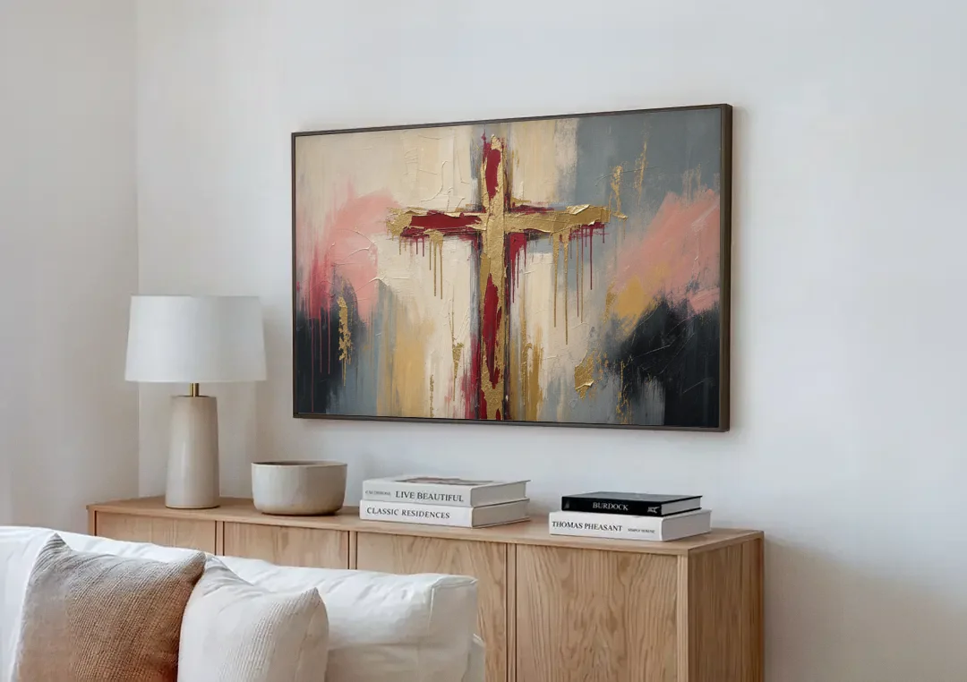 Abstract Cross Painting in Crimson and Gold Leaf canvas wall art above a wooden sideboard next to a sofa