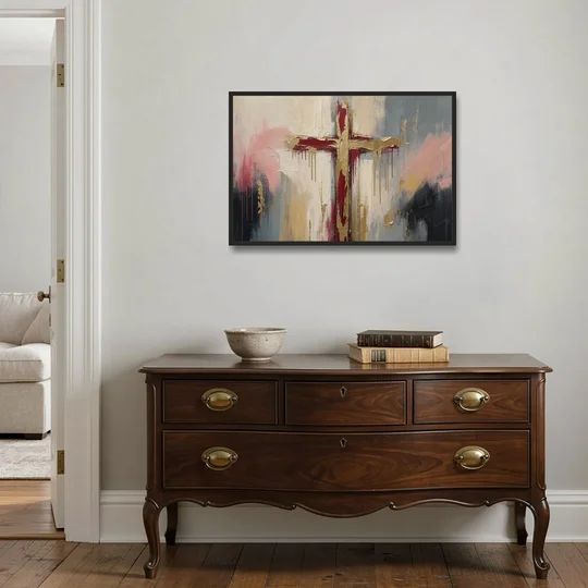 Abstract Cross Painting in Crimson and Gold Leaf - Black Framed Canvas Wall Art - Coffee Table - 36x24