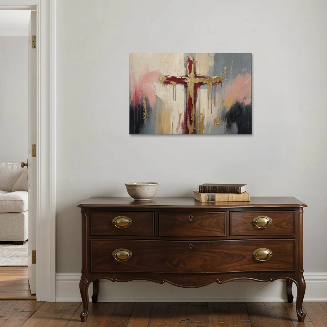 Abstract Cross Painting in Crimson and Gold Leaf - Canvas Wall Art - Coffee Table - 36x24