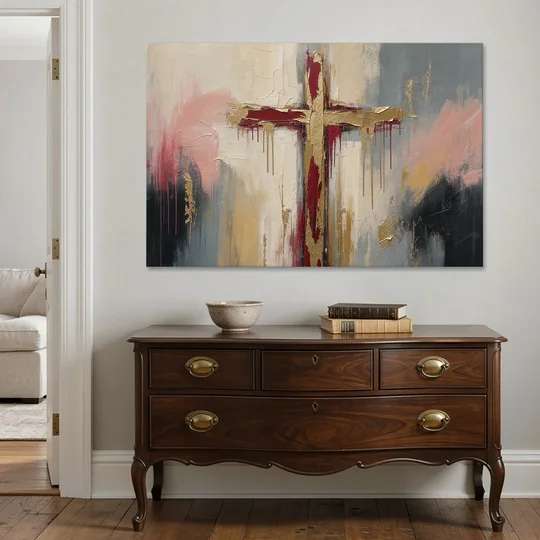 Abstract Cross Painting in Crimson and Gold Leaf - Canvas Wall Art - Coffee Table - 60x40