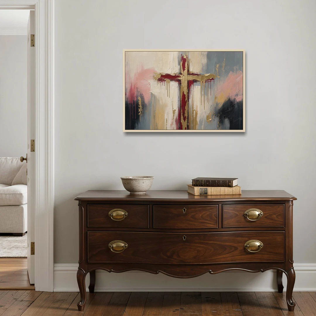 Abstract Cross Painting in Crimson and Gold Leaf - Oak Framed Canvas Wall Art - Coffee Table - 36x24