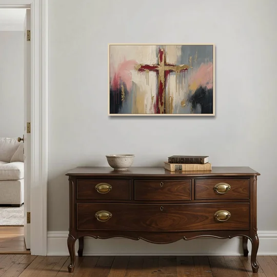 Abstract Cross Painting in Crimson and Gold Leaf - Oak Framed Canvas Wall Art - Coffee Table - 36x24